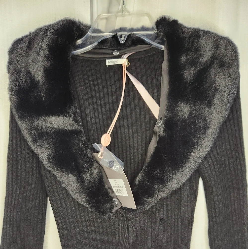 NWT House of CB Raine Black‎ Faux Fur Button Down Sweater Midi Dress M - Picture 7 of 8